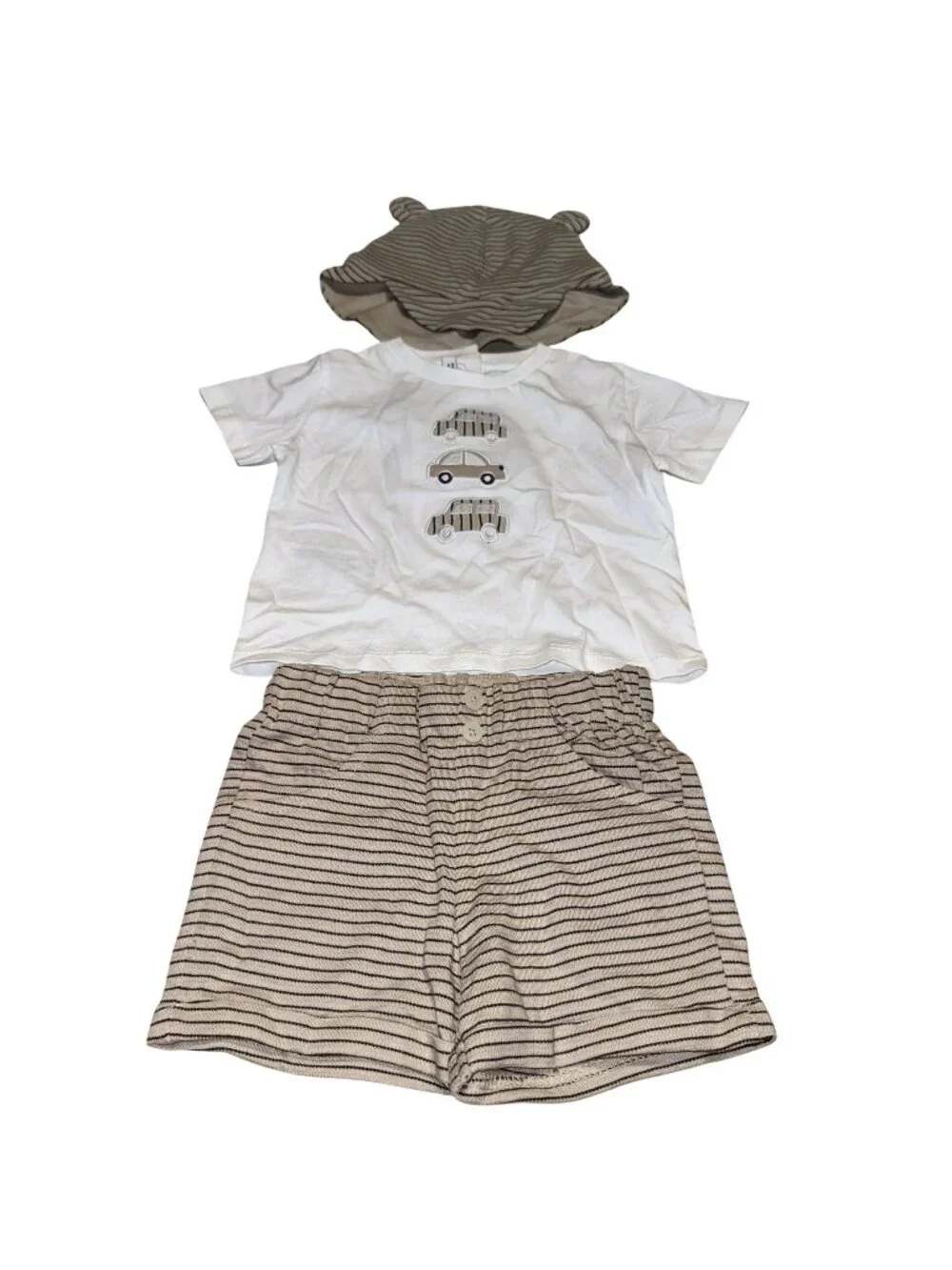 NWT Mayoral Cars White Tan Cotton Top Shorts & Hat Set Baby Size 6 Months 6M